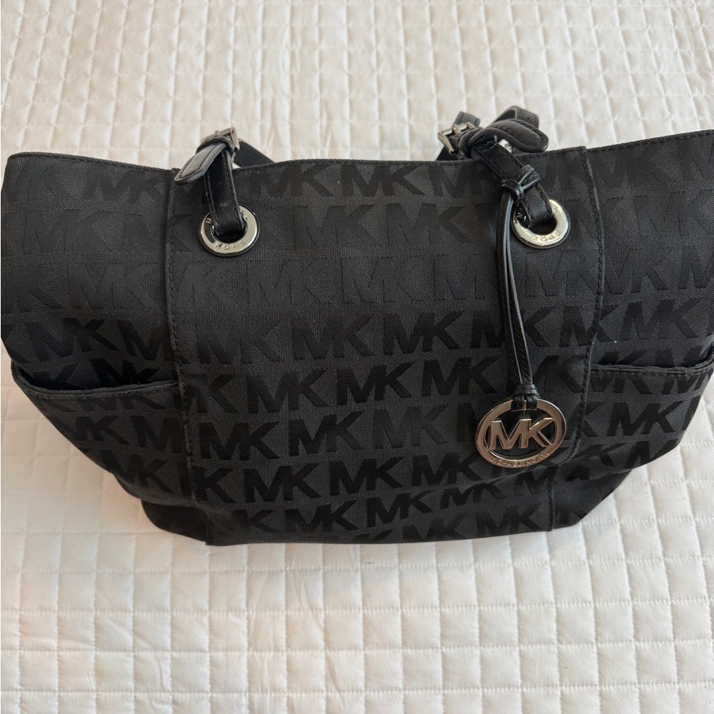 Michael Kors Black MK Logo Fabric Tote Purse Bag Diaper Bag